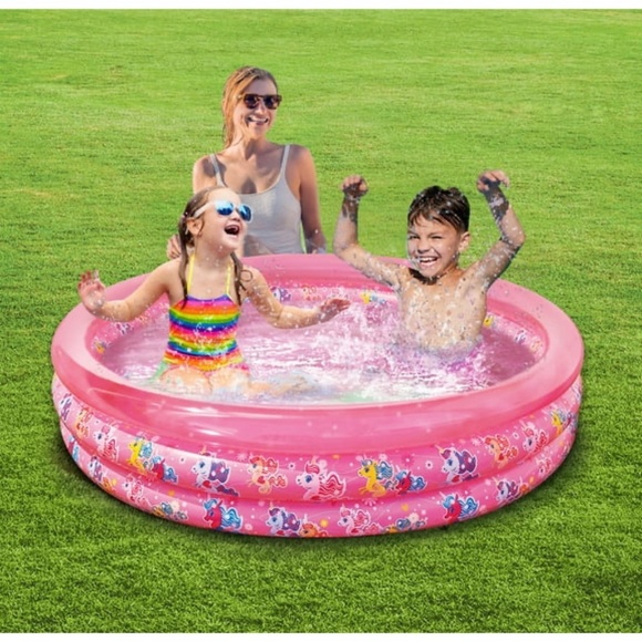 Play Day Other - 3-Ring Inflatable PINK Unicorn Kids Toddler Swimming Pool Outdoor Swim Play Day